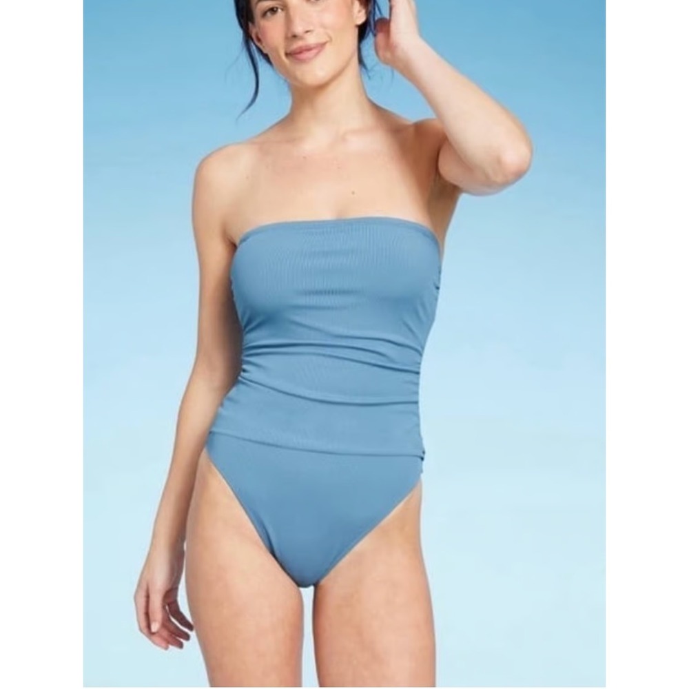 Shade & Shore Blue Ribbed Shirred One Piece Swimsuit High Leg Cheeky NWT